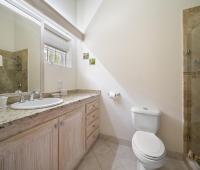 Guest bathroom at Sandalwood House, complete with a single vanity and glass-enclosed shower.