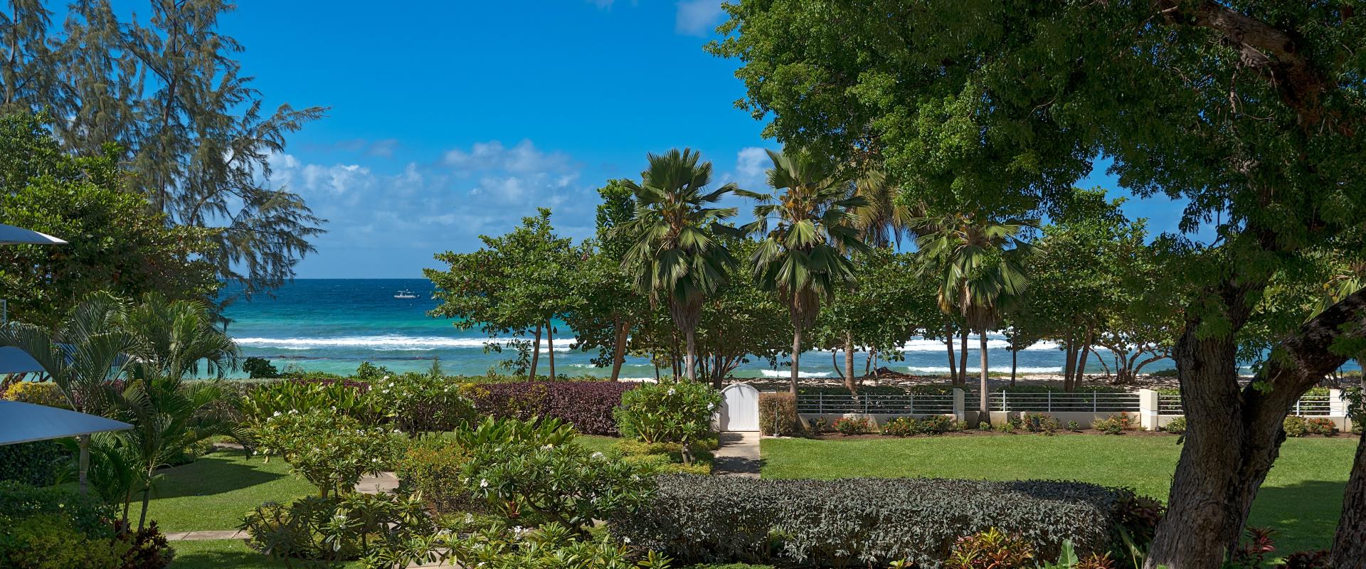 Palm Beach 204 Barbados Beachfront Condo Rental View from Patio of Ocean and Gardens