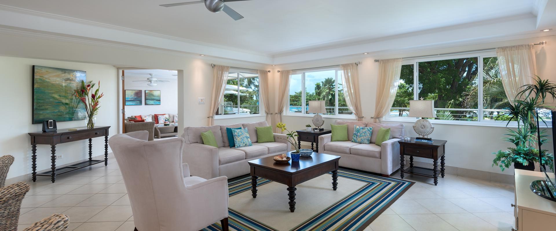 Palm Beach 204 Barbados Beachfront Condo Rental Living Room and TV