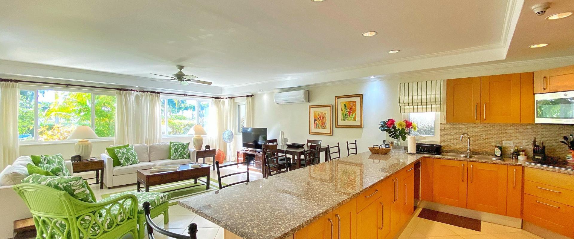 Palm Beach 211 Barbados Beachfront Vacation Condo Rental Open Plan Living Room and Kitchen