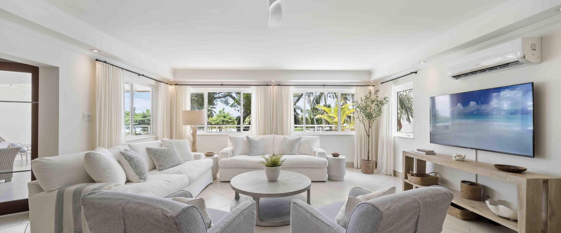 Palm Beach 204 Barbados Beachfront Condo Rental Living Room with TV