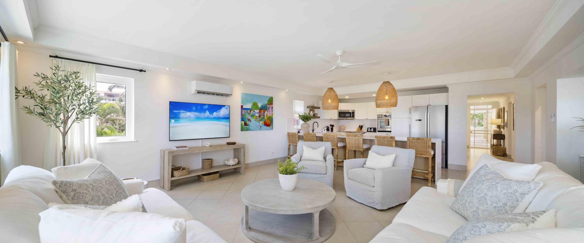 Palm Beach 204 Barbados Beachfront Condo Rental Couch Looking Onto TV