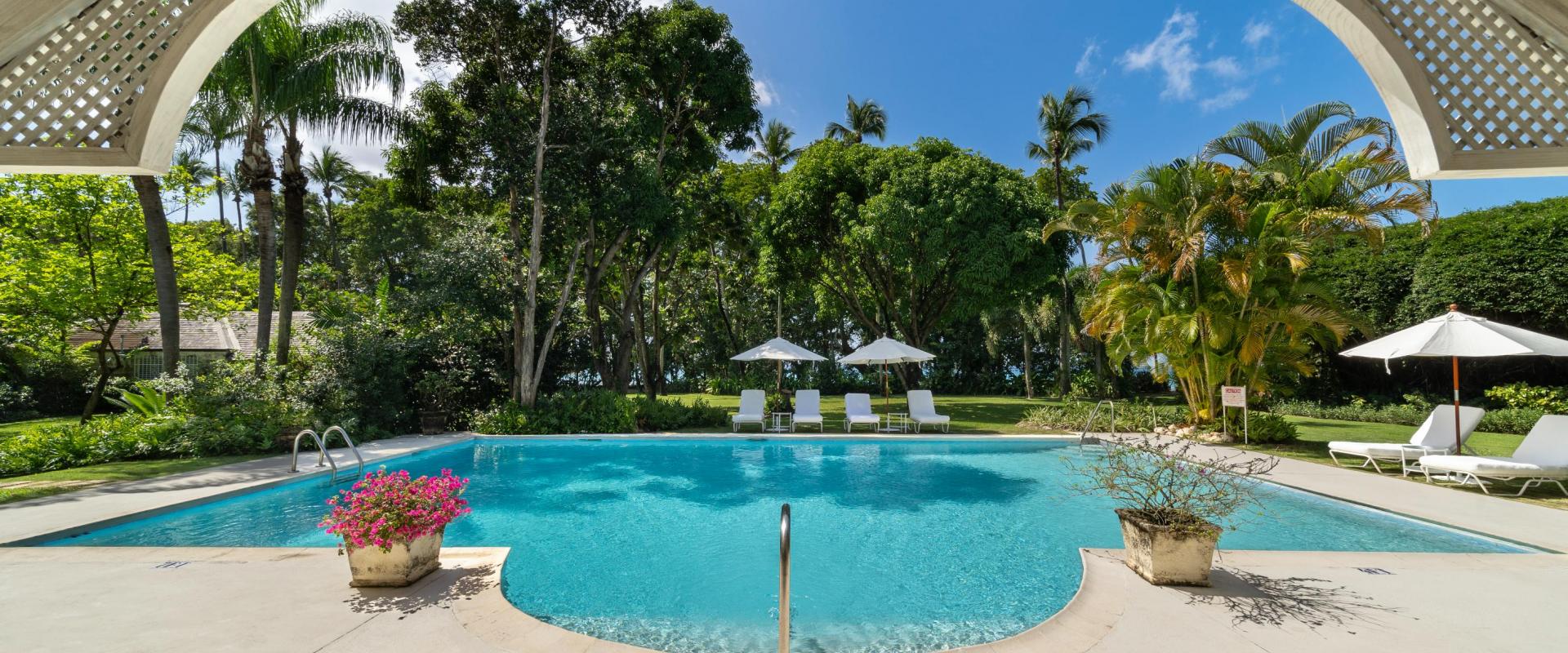 Heronetta Sandy Lane Estate Barbados View of Pool and Gardens from Pool House