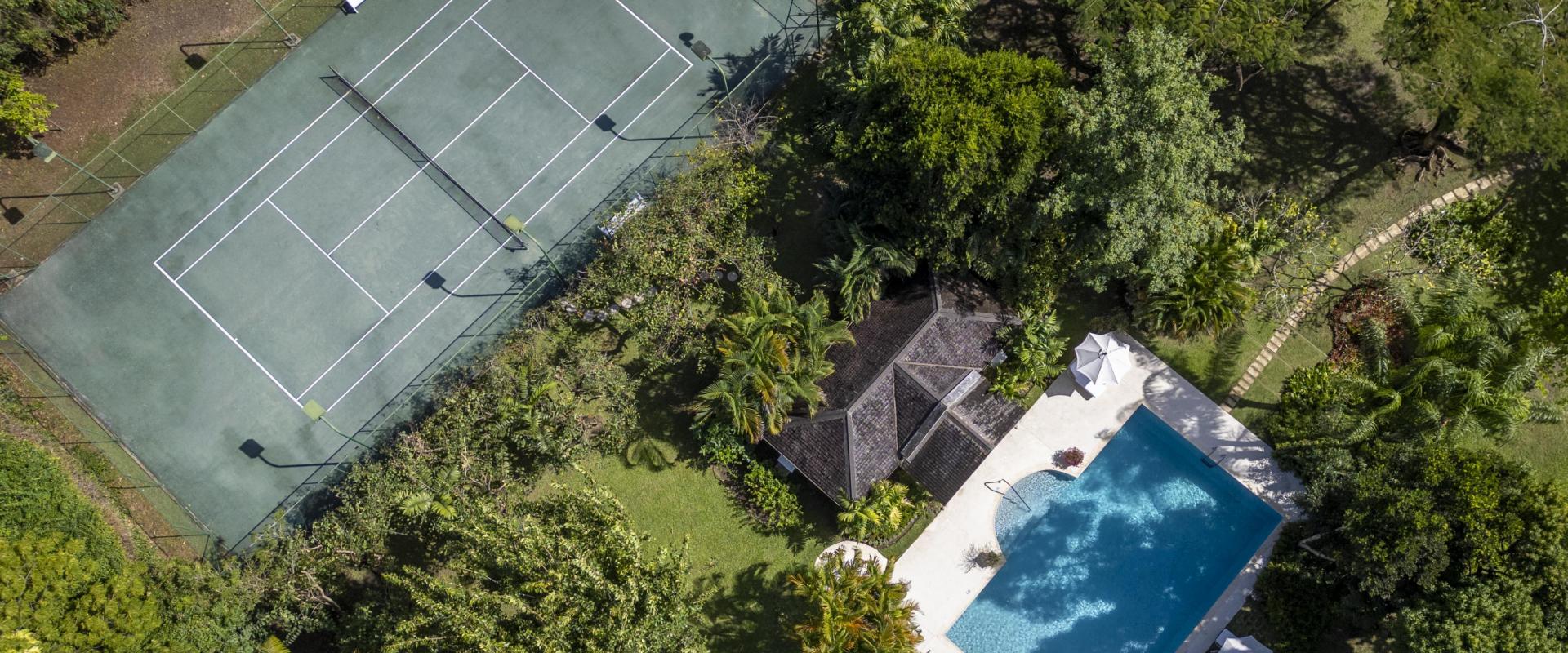 Heronetta Sandy Lane Estate Barbados Aerial View of Pool, Pool House and Tennis Courts