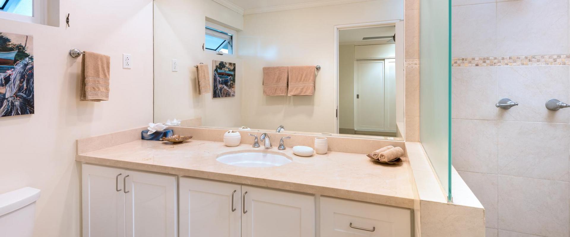 A contemporary en-suite bathroom at Palm Beach 101 in Barbados, offering a spacious walk-in shower, marble vanity, and soft lighting.