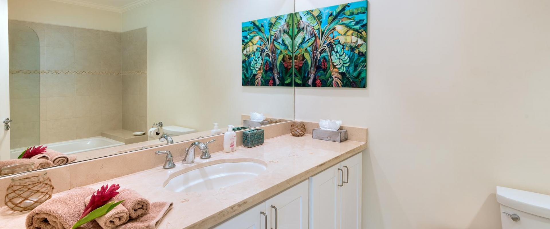 A well-appointed third bathroom at Palm Beach 101 in Barbados, featuring a walk-in shower, neutral-toned vanity, and stylish accents.