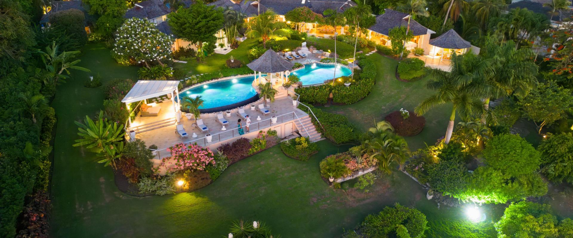 Point of View Holiday Rental In Sandy Lane Barbados Aerial View From Ocean at Dusk with Pool and Gardens