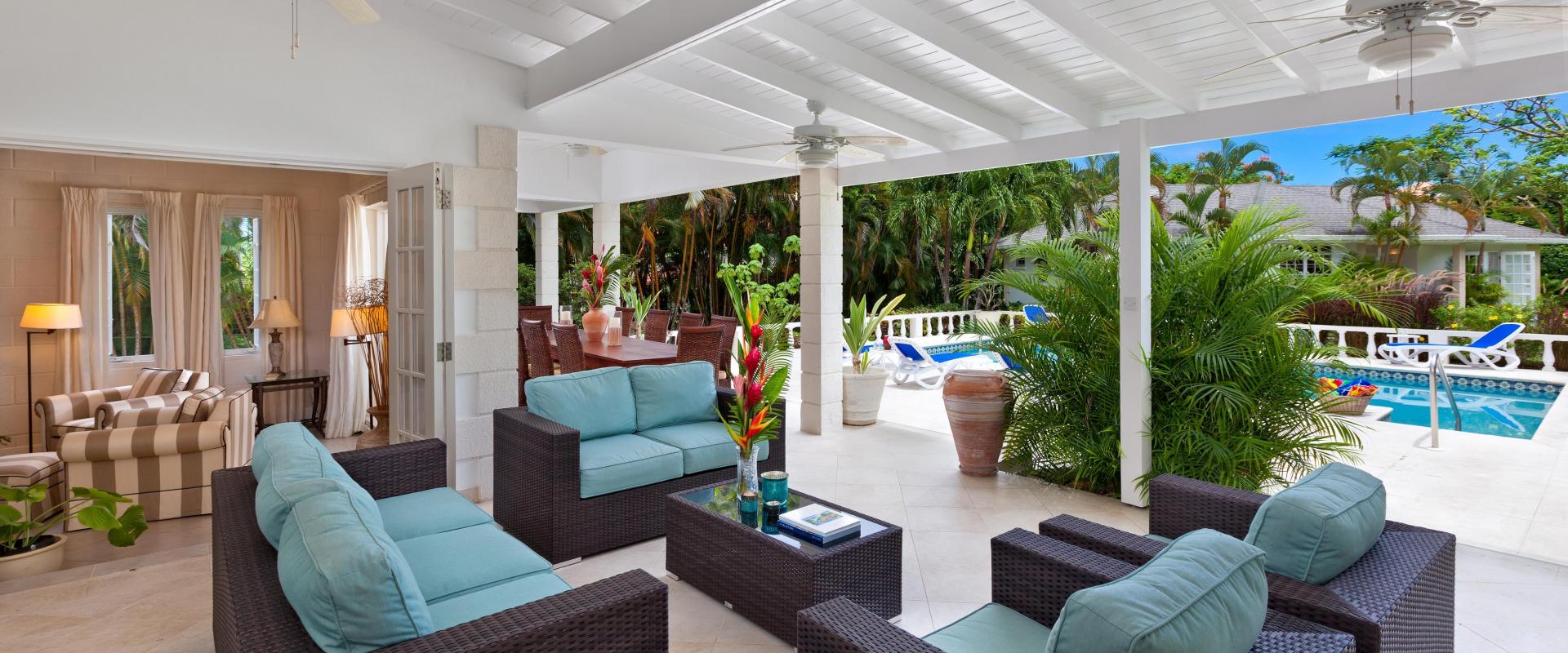 Sandy Lane Barbados Holiday Rental Rose of Sharon Patio with Seating and Pool View
