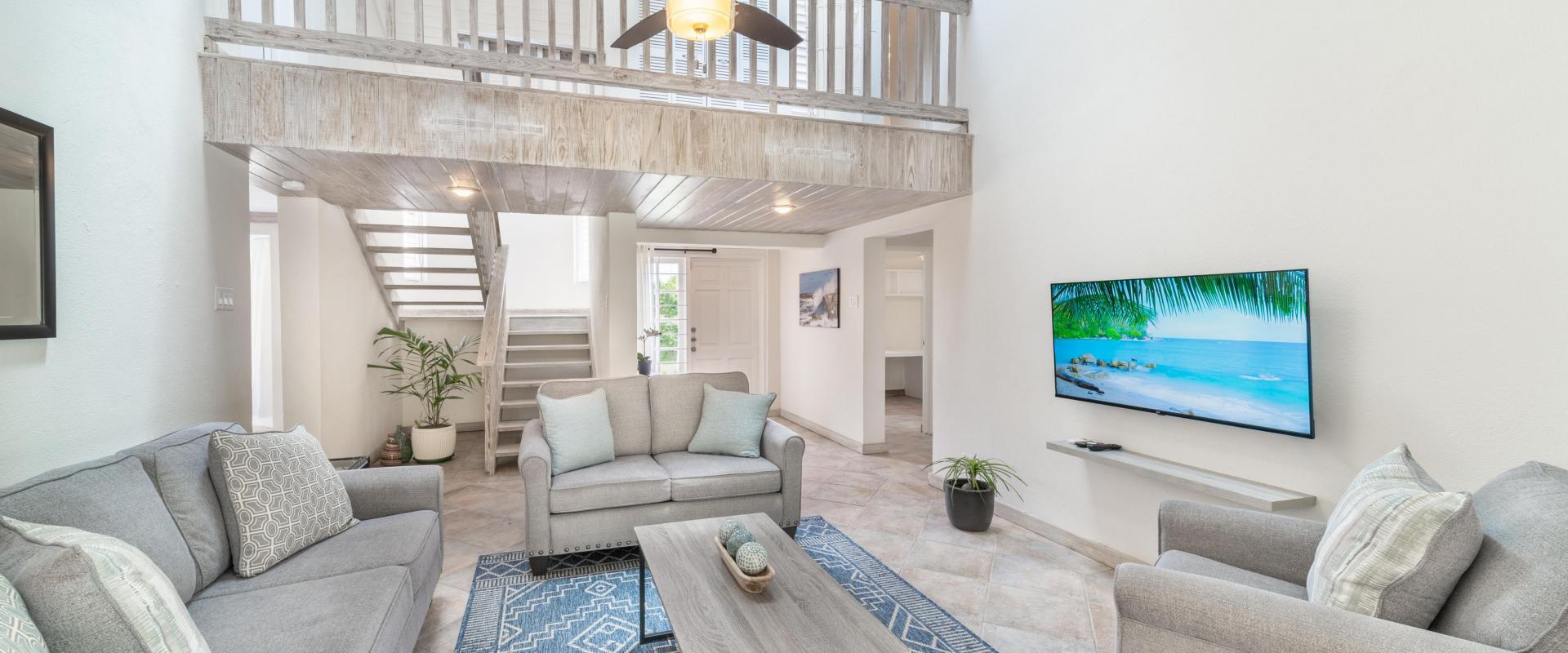 149 Salters Road Barbados Holiday Rental Sandy Lane Barbados Living Room and TV with Stairs View
