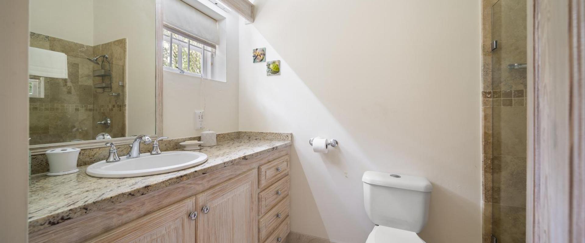 Guest bathroom at Sandalwood House, complete with a single vanity and glass-enclosed shower.