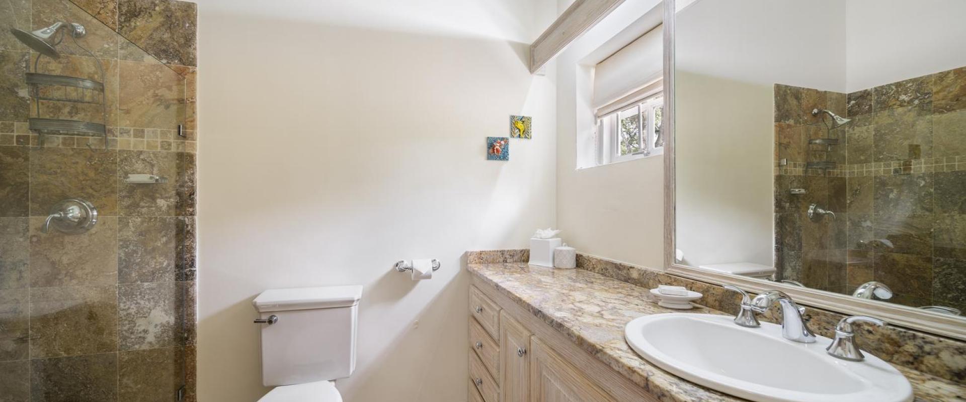 Elegant guest bathroom at Sandalwood House, featuring a granite countertop, glass-enclosed shower with stone tiles, and a large mirror