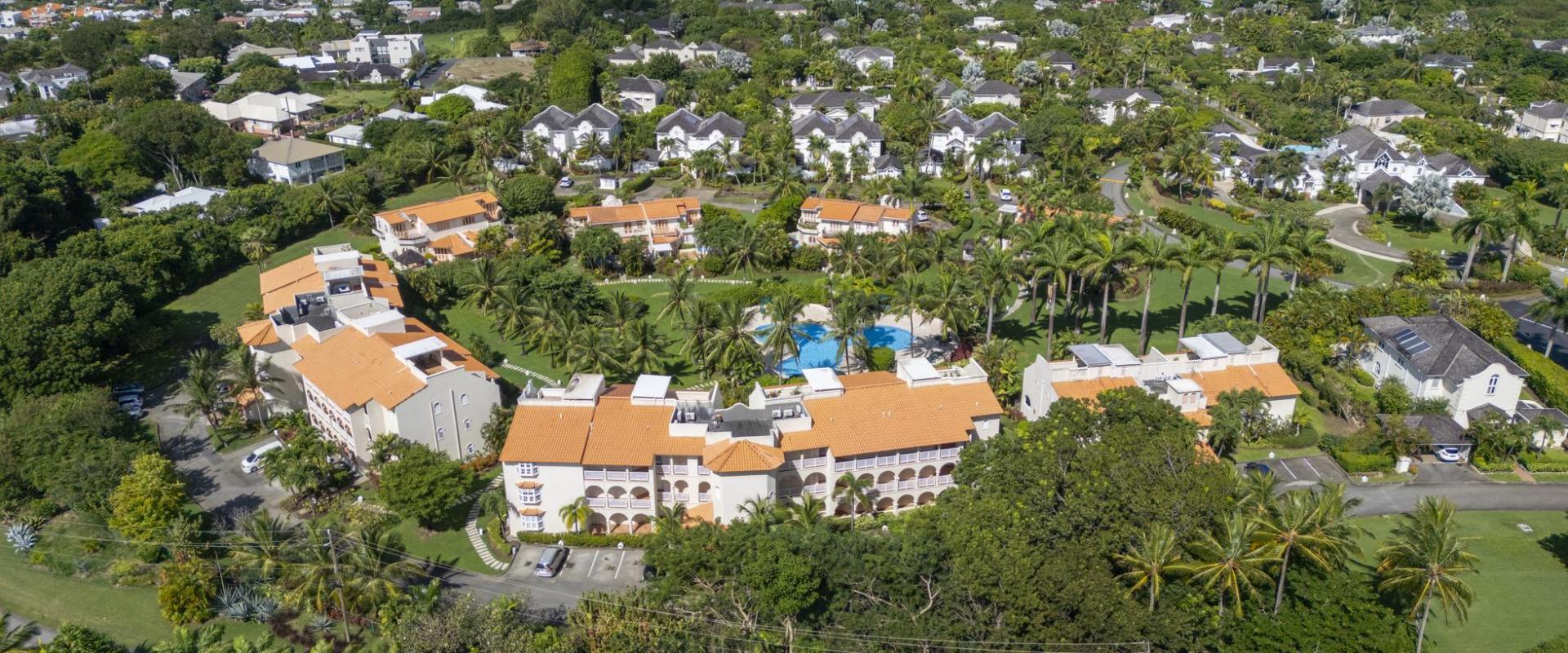 Panoramic view of Sugar Hill Resort, Barbados, highlighting the penthouse’s proximity to the west coast, lush landscaping, and luxurious amenities, offering a perfect setting for a tropical retreat.