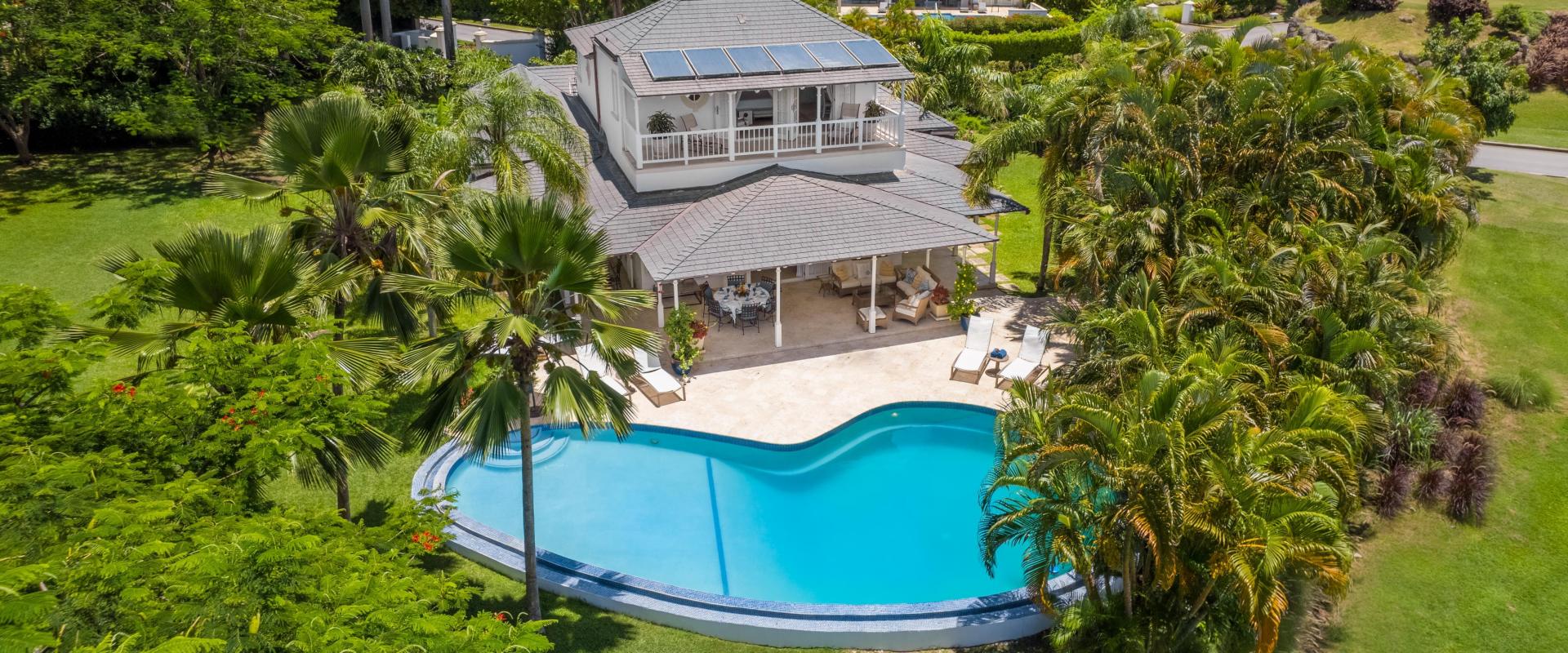 Villa Rosa Holiday Rental Villa In Royal Westmoreland Barbados Aerial Shot Of Pool and Home Exterior