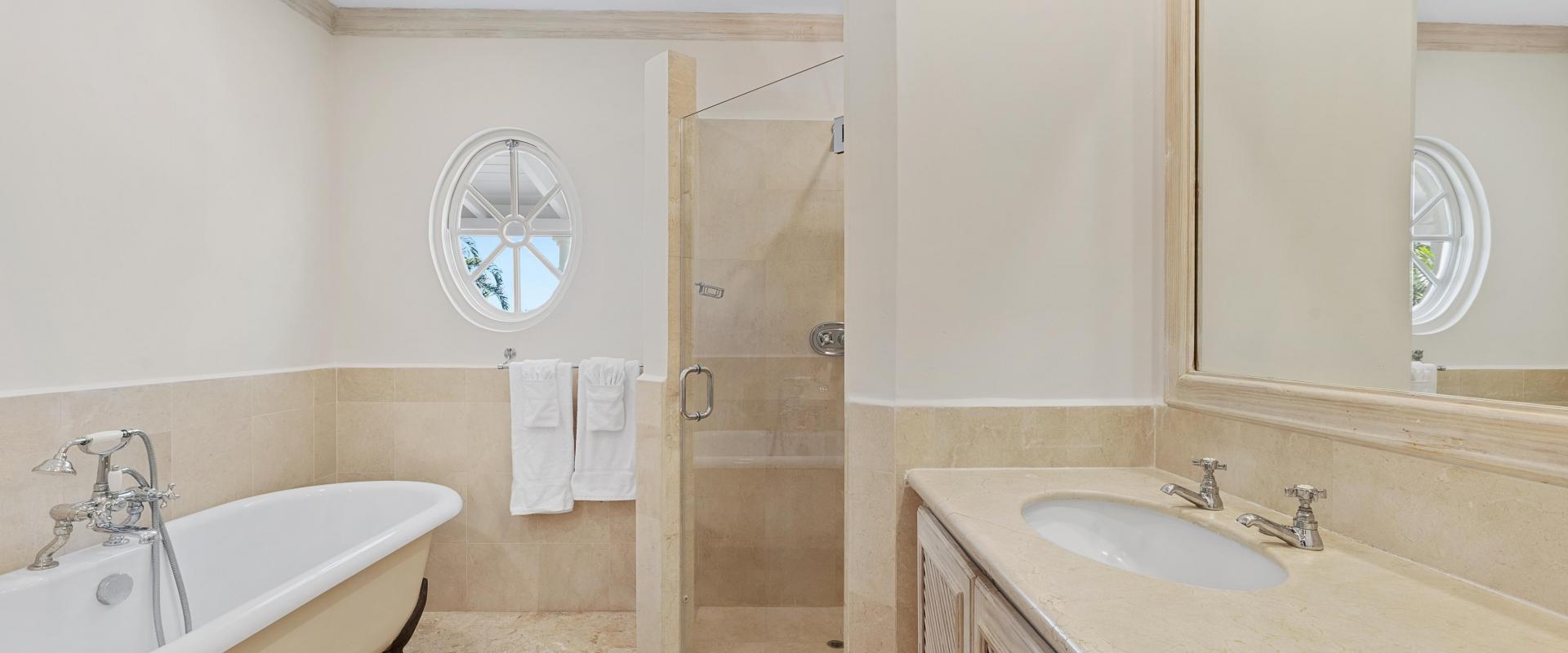 Villa Rosa Holiday Rental Villa In Royal Westmoreland Barbados Master Bathroom with Shower and Claw Foot Tub
