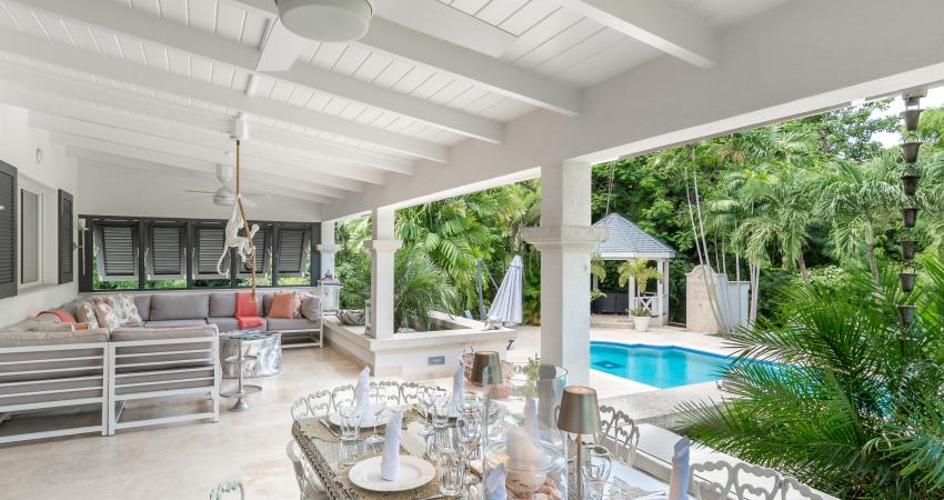 Holiday Rental Palm Tree Villa Sandy Lane Barbados Covered Patio and Pool View