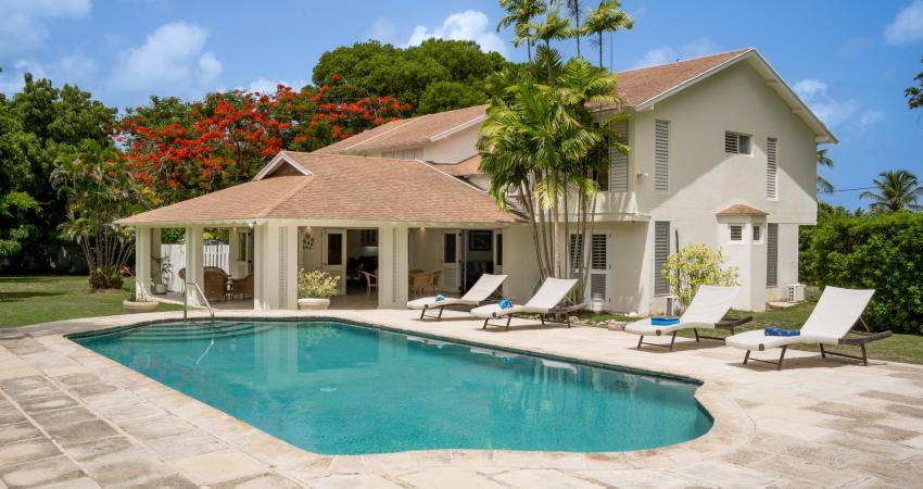 149 Salters Road Barbados Holiday Rental Sandy Lane Barbados Pool Deck and Pool Loungers In Garden