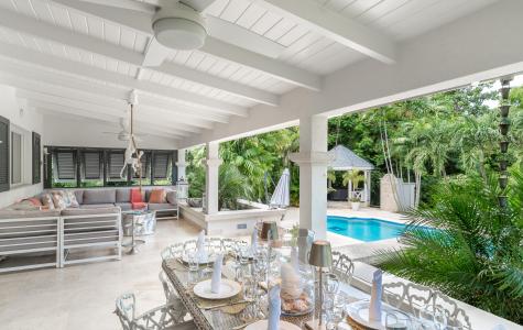 Holiday Rental Palm Tree Villa Sandy Lane Barbados Covered Patio and Pool View