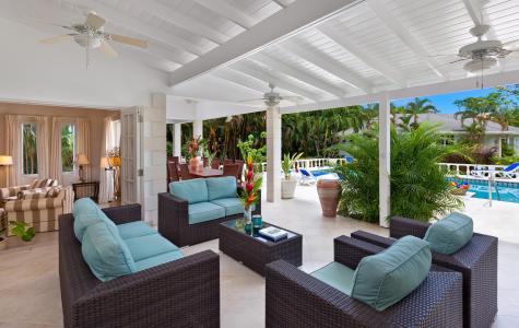 Sandy Lane Barbados Holiday Rental Rose of Sharon Patio with Seating and Pool View